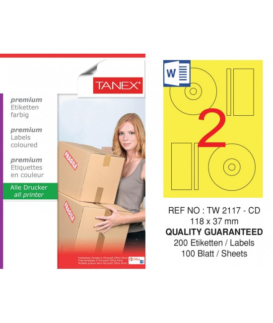Tanex TW-2117 118x37mm Sarı Pastel Laser Etiket 100 Lü Paket