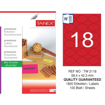 Tanex TW-2118 58,4x42,3 mm Kırmızı Floresan Laser Etiket 100 Lü