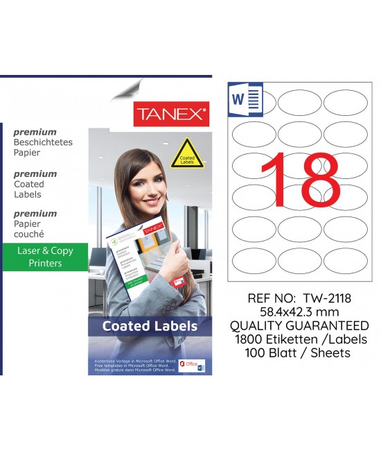 Tanex TW-2118 58.4x42.3mm Kuşe Laser Etiket 100 Lü Paket