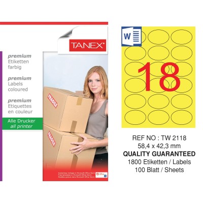 Tanex TW-2118 58,4x42,3mm Sarı Pastel Laser Etiket 100 Lü Paket