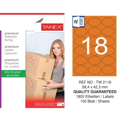 Tanex TW-2118 58,4x42,3mm Turuncu Pastel Laser Etiket 100 Lü