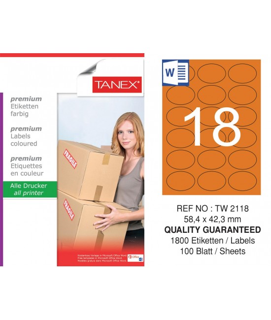 Tanex TW-2118 58,4x42,3mm Turuncu Pastel Laser Etiket 100 Lü