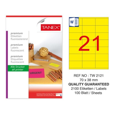 Tanex TW-2121 70x38 mm Sarı Floresan Laser Etiket 100 Lü