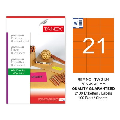 Tanex Tw-2124 70x42,43 mm Turuncu Floresan  Laser Etiket 100 Lü