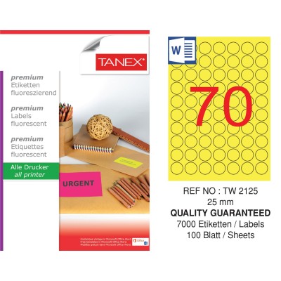 Tanex TW-2125 25 mm Sarı Floresan Laser Etiket 100 Lü