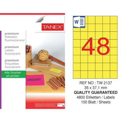 Tanex TW-2137 35x37,125 mm Sarı Floresan Laser Etiket 100 Lü