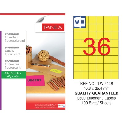 Tanex TW-2148 40,6x25,4 mm Sarı Floresan Laser Etiket 100 Lü