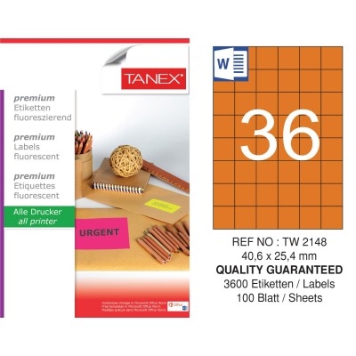 Tanex Tw-2148 40,6x25,4 mm Turuncu Floresan Laser Etiket 100 Lü