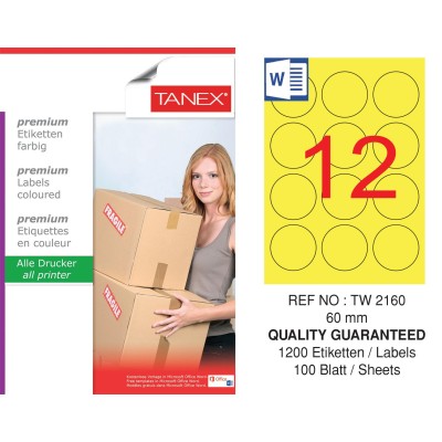 Tanex TW-2160 60mm Sarı Pastel Laser Etiket 100 Lü Paket