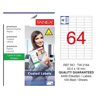 Tanex TW-2164 52.5x18mm Kuşe Laser Etiket 100 Lü Paket