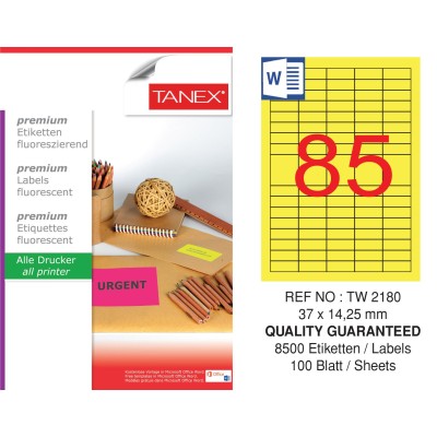 Tanex TW-2180 37x14,25 mm Sarı Floresan Laser Etiket 100 Lü