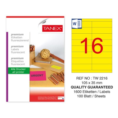 Tanex TW-2216 105x35mm Sarı Floresan Laser Etiket 100 Lü