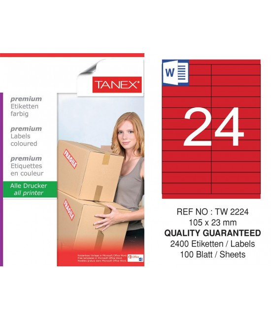 Tanex TW-2224 105x23mm Kırmızı Pastel Laser Etiket 100 Lü