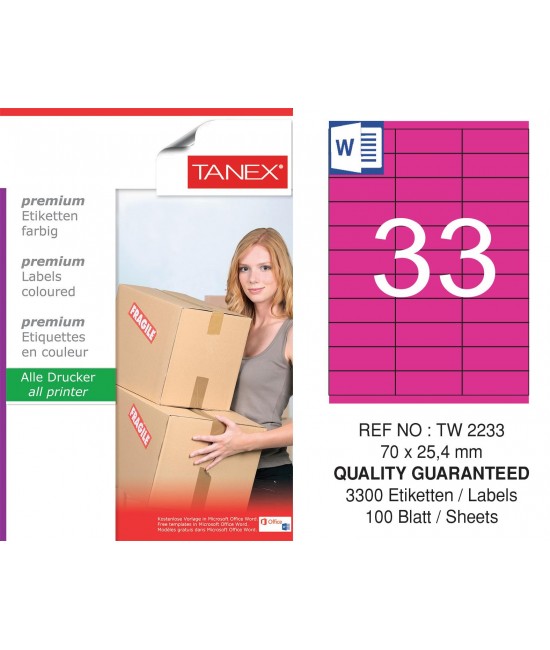 Tanex TW-2233 70x25.4mm Pembe Pastel Laser Etiket 100 Lü