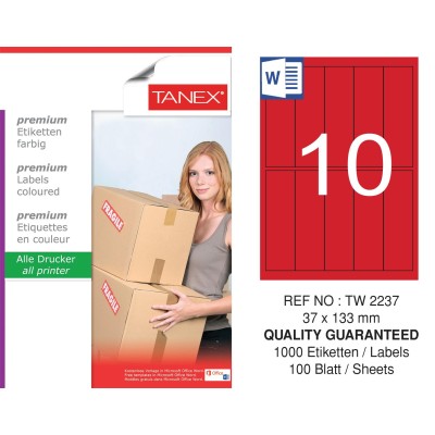 Tanex TW-2237 37x133mm Kırmızı Pastel Laser Etiket 100 Lü