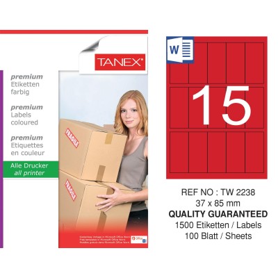 Tanex TW-2238 37x85mm Kırmızı Pastel Laser Etiket 100 Lü 