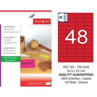 Tanex TW-2248 52,5x23 mm Kırmızı Floresan Laser Etiket 100 Lü