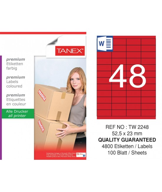 Tanex TW-2248 52,5x23mm Kırmızı Pastel Laser Etiket 100 Lü