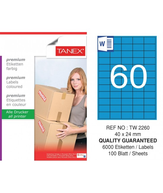 Tanex TW-2260 40x24mm Mavi Pastel Laser Etiket 100 Lü