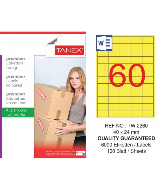 Tanex TW-2260 40x24mm Sarı Pastel Laser Etiket 100 Lü Paket