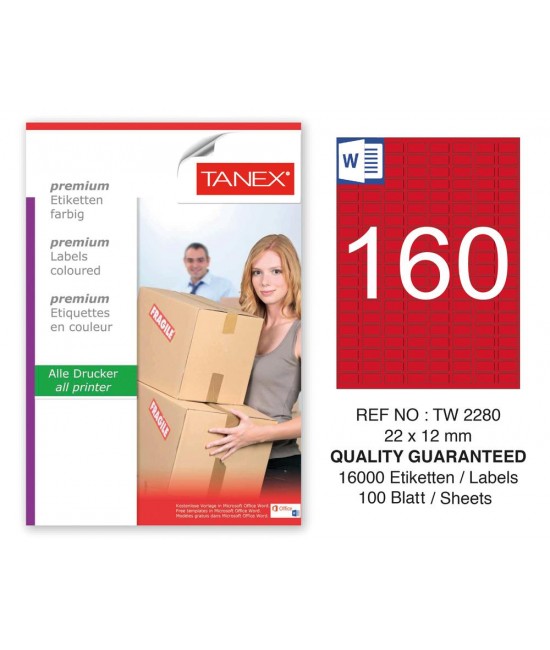 Tanex TW-2280 22x12mm Kırmızı Pastel Laser Etiket 100 Lü