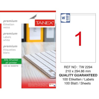 Tanex TW-2294 210x294,86 mm Sökülebilir Etiket 100 Lü