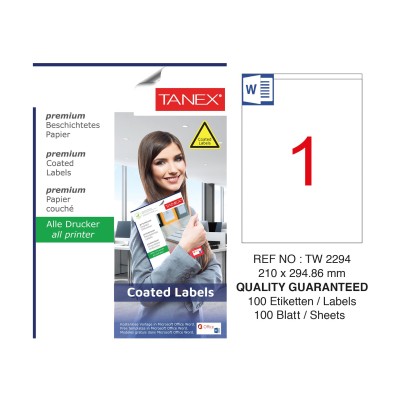 Tanex TW-2294 210x294.86mm Kuşe Lazer Etiket 100 Lü Paket