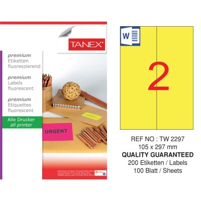 Tanex TW-2297 105x297 mm Sarı Floresan Laser Etiket 100 Lü