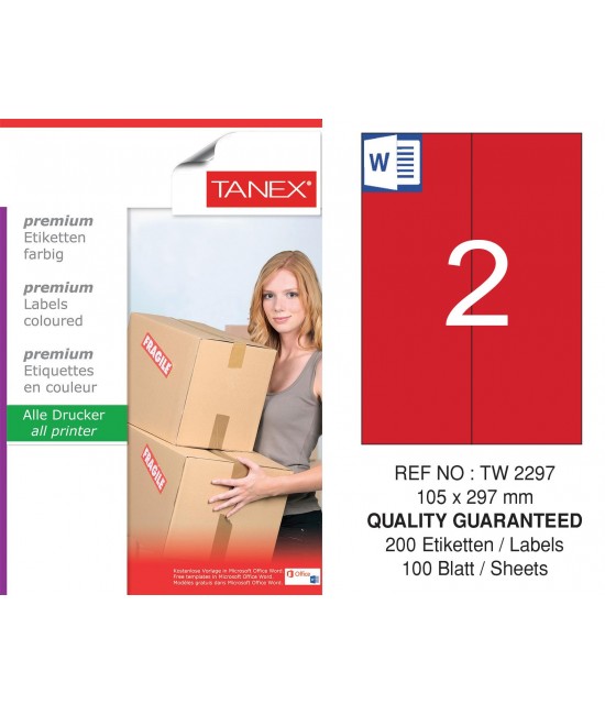 Tanex TW-2297 105x297mm Kırmızı Pastel Laser Etiket 100 Lü