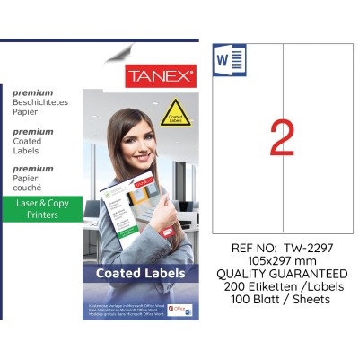 Tanex TW-2297 105x297mm Kuşe Lazer Etiket 100 Lü Paket