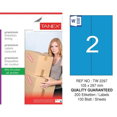 Tanex TW-2297 105x297mm Mavi Pastel Laser Etiket 100 Lü