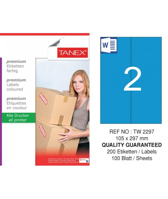 Tanex TW-2297 105x297mm Mavi Pastel Laser Etiket 100 Lü