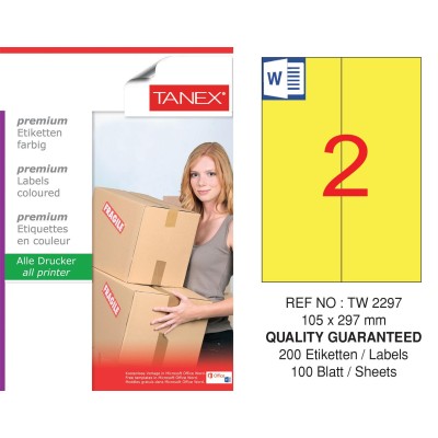 Tanex TW-2297 105x297mm Sarı Pastel Laser Etiket 100 Lü Paket