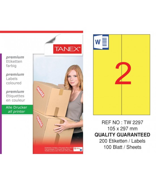Tanex TW-2297 105x297mm Sarı Pastel Laser Etiket 100 Lü Paket