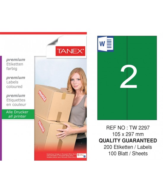 Tanex TW-2297 105x297mm Yeşil Pastel Laser Etiket 100 Lü