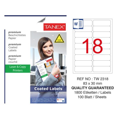 Tanex TW-2318 83x30mm Kuşe Lazer Etiket 100 Lü Paket