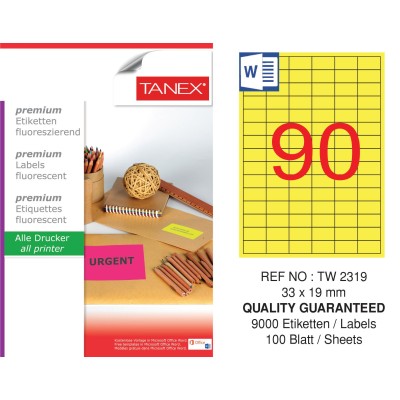 Tanex TW-2319 33x19 mm Sarı Floresan Laser Etiket 100 Lü