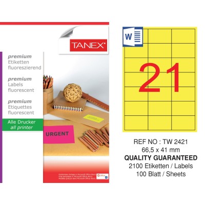 Tanex Tw-2421 66.5x41 mm Sarı Floresan Laser Etiket 100 Lü