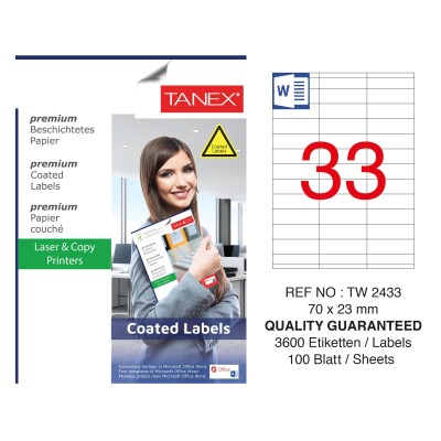 Tanex TW-2433 70x23mm Kuşe Lazer Etiket 100 Lü Paket