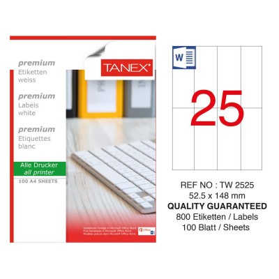 Tanex TW-2525 52,5x148,5 mm Sökülebilir Etiket 100 Lü