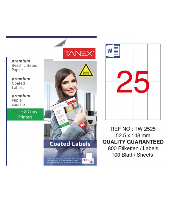 Tanex TW-2525 52.5x148mm Kuşe Lazer Etiket 100 Lü Paket
