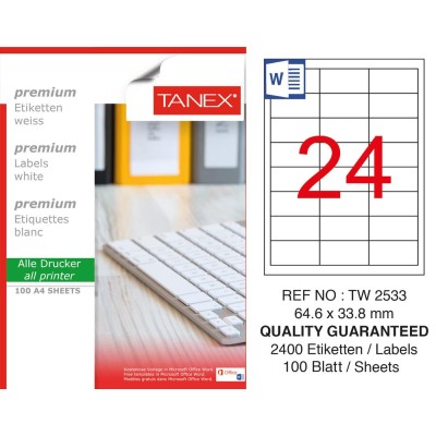 Tanex TW-2533 64,6x33,8 mm Sökülebilir Etiket 100 Lü