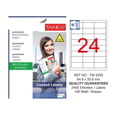 Tanex TW-2533 64.6x33.8mm Kuşe Laser Etiket 100 Lü Paket