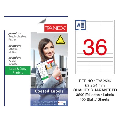 Tanex TW-2536 63x24mm Kuşe Lazer Etiket 100 Lü Paket