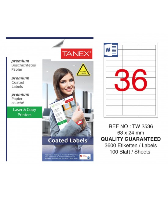Tanex TW-2536 63x24mm Kuşe Lazer Etiket 100 Lü Paket