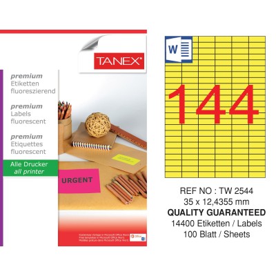 Tanex TW-2544 35x12,4355 mm Sarı Floresan Laser Etiket 100 Lü