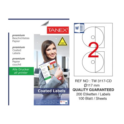 Tanex TW-3117 117mm Kuşe Laser Etiket 100 Lü Paket