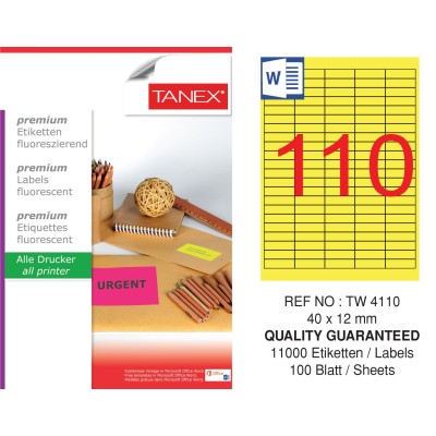 Tanex TW-4110 40x12 mm Sarı Floresan Laser Etiket 100 Lü