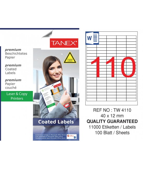 Tanex TW-4110 40x12mm Kuşe Laser Etiket 100 Lü Paket
