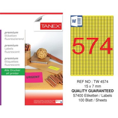 Tanex TW-4574 15x7 mm Sarı Floresan Laser Etiket 100 Lü